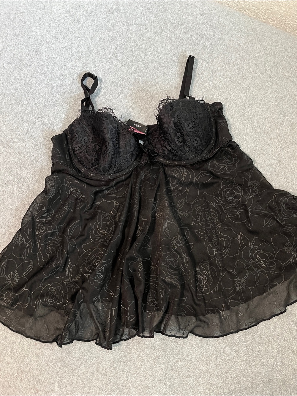 Victoria's Secret Black Lace & Floral Mesh Babydoll Chemise 36b Whimsigoth Sheer